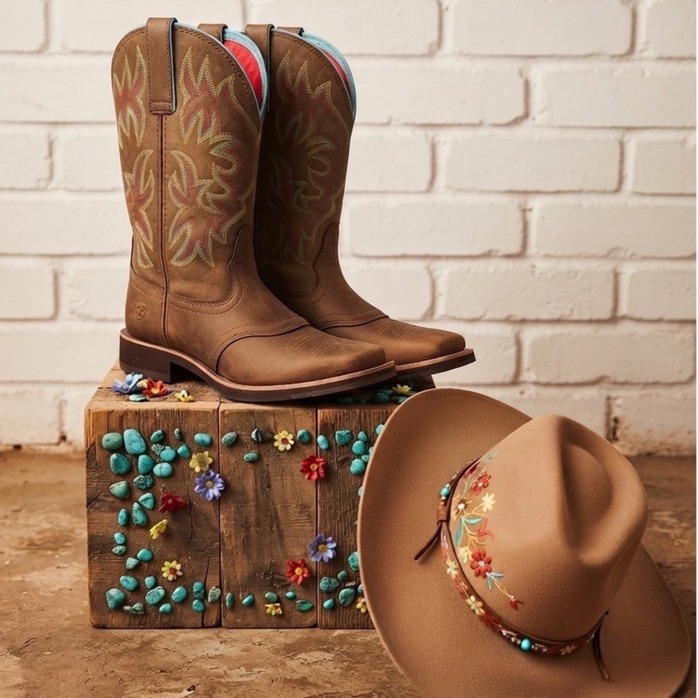Ariat Fatbaby Western Boots Brown Leather Square Toe Turquoise Trim festival -7